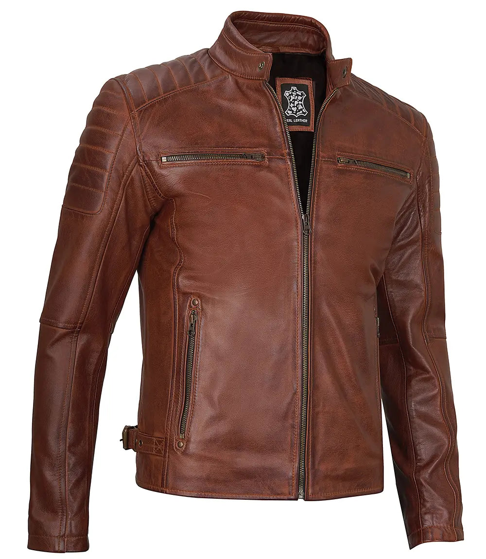 veste en cuir café racer cognac