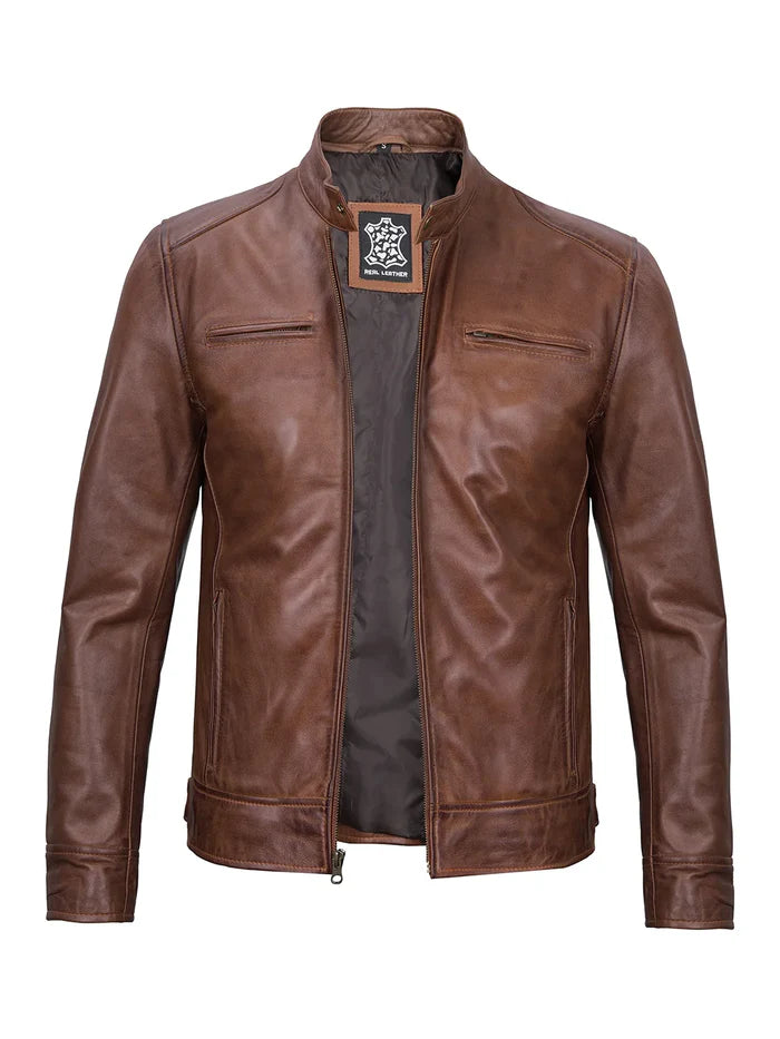 Dodge Veste en cuir Cognac Cafe Racer pour homme