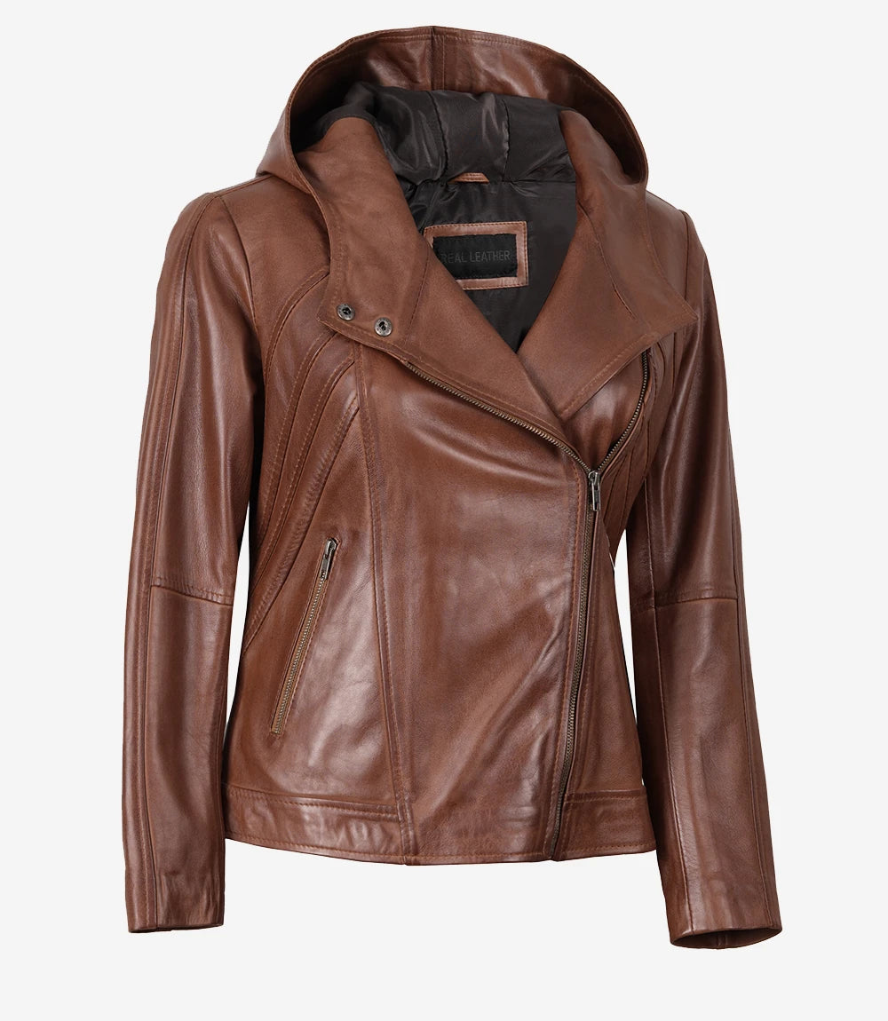 Cidra Veste asymétrique en cuir à capuche marron pour femme