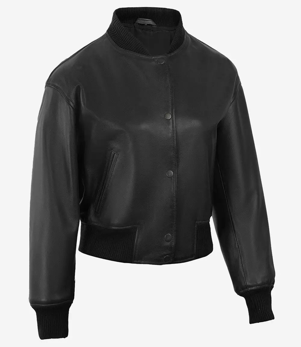 Blouson aviateur court en cuir noir à boutons-pression pour femme Julee