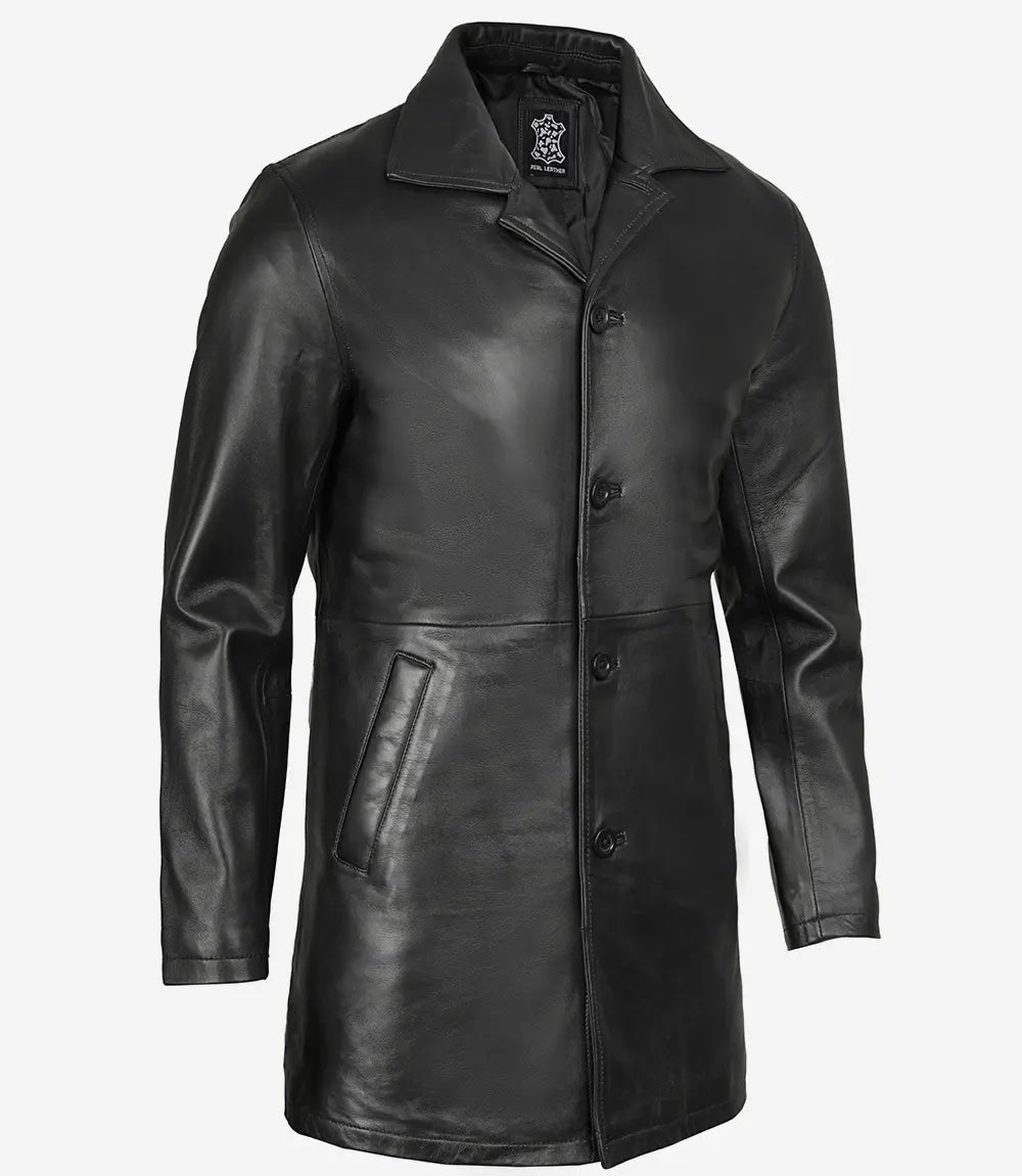 Men's 3/4 Length Black Leather Car Coat