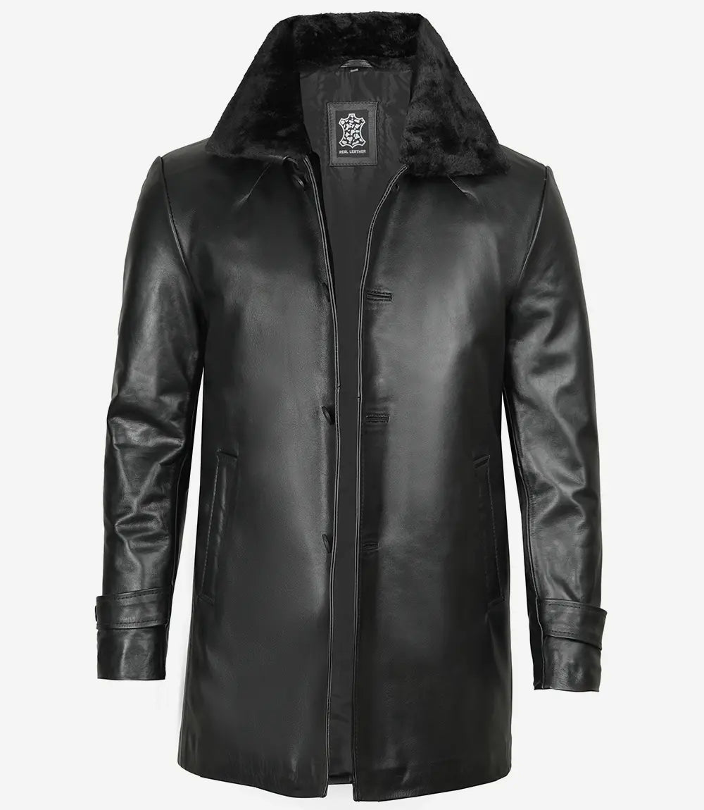 Manteau mi-long en cuir véritable noir pour homme avec col en fourrure