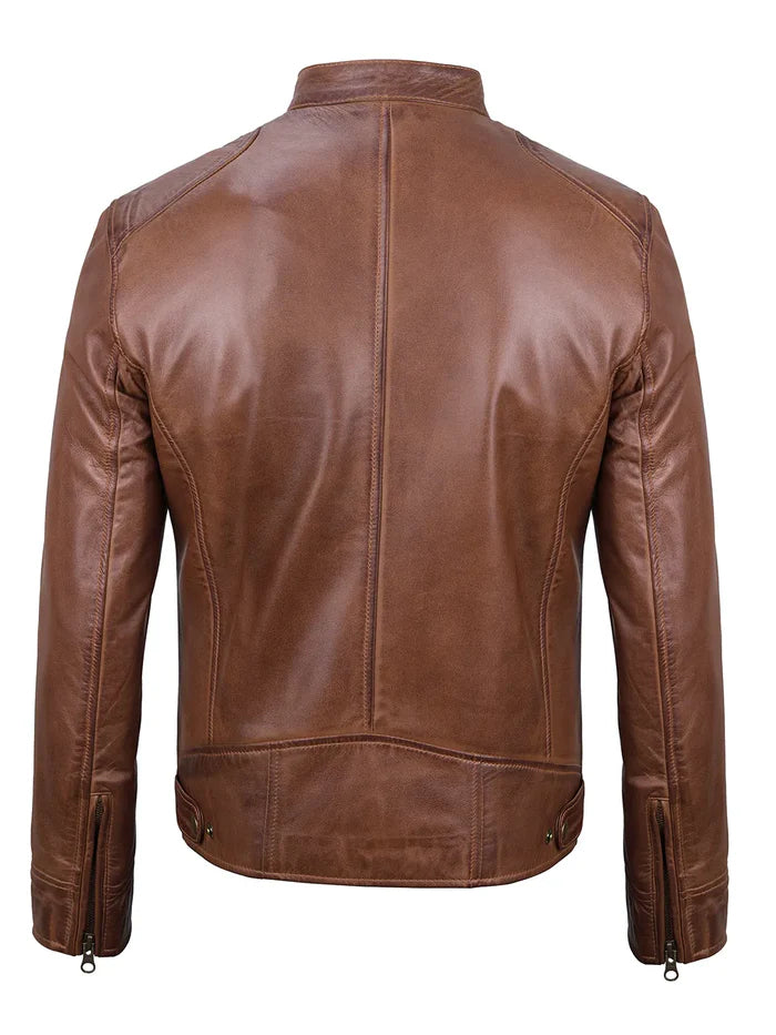 Dodge Veste en cuir Cognac Cafe Racer pour homme