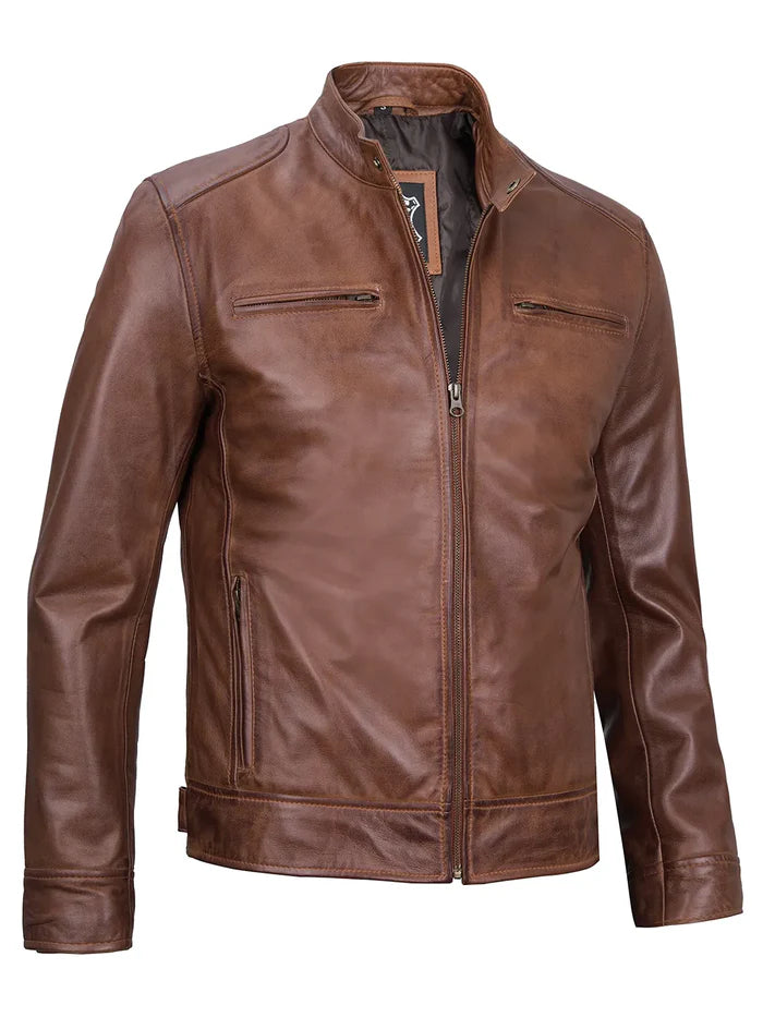 Dodge Veste en cuir Cognac Cafe Racer pour homme