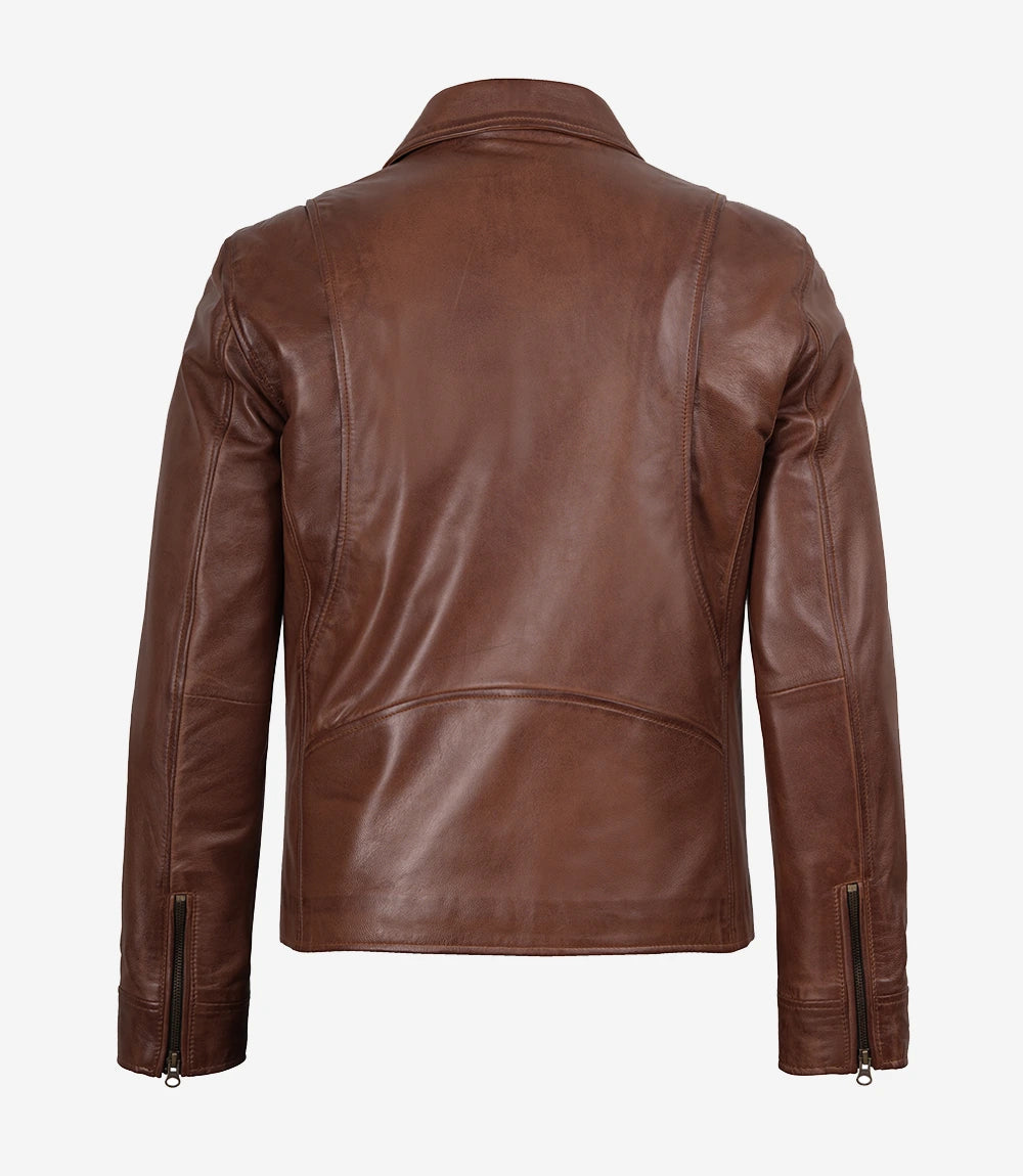 Veste en cuir marron cognac pour homme - Style col chemise
