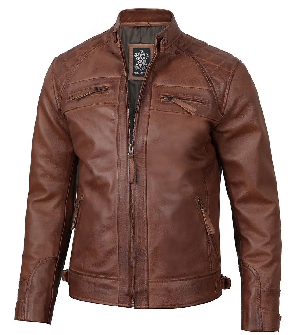 veste marron en cuir véritable café racer pour homme