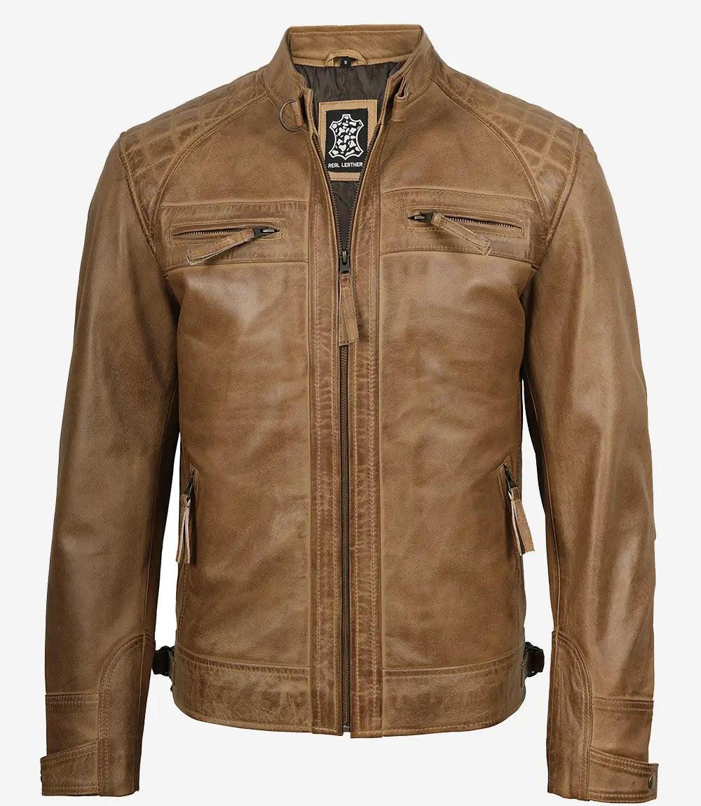 veste de motard en cuir marron pour homme