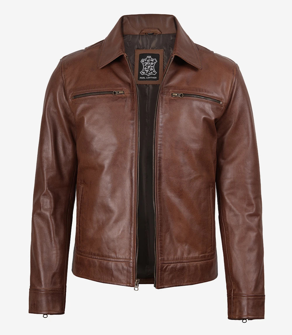 Veste en cuir marron cognac pour homme - Style col chemise