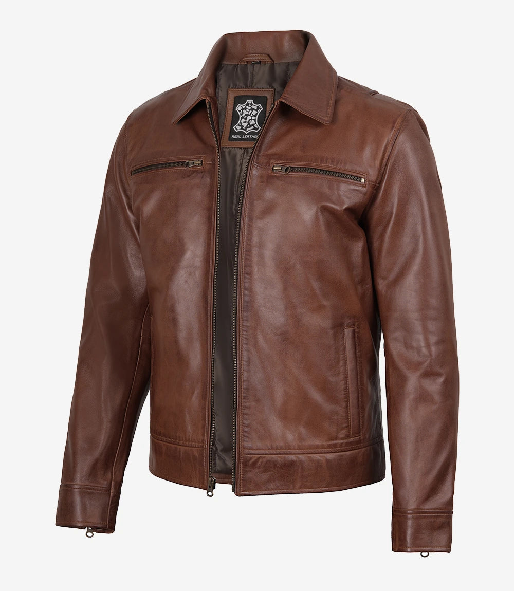 Veste en cuir marron cognac pour homme - Style col chemise