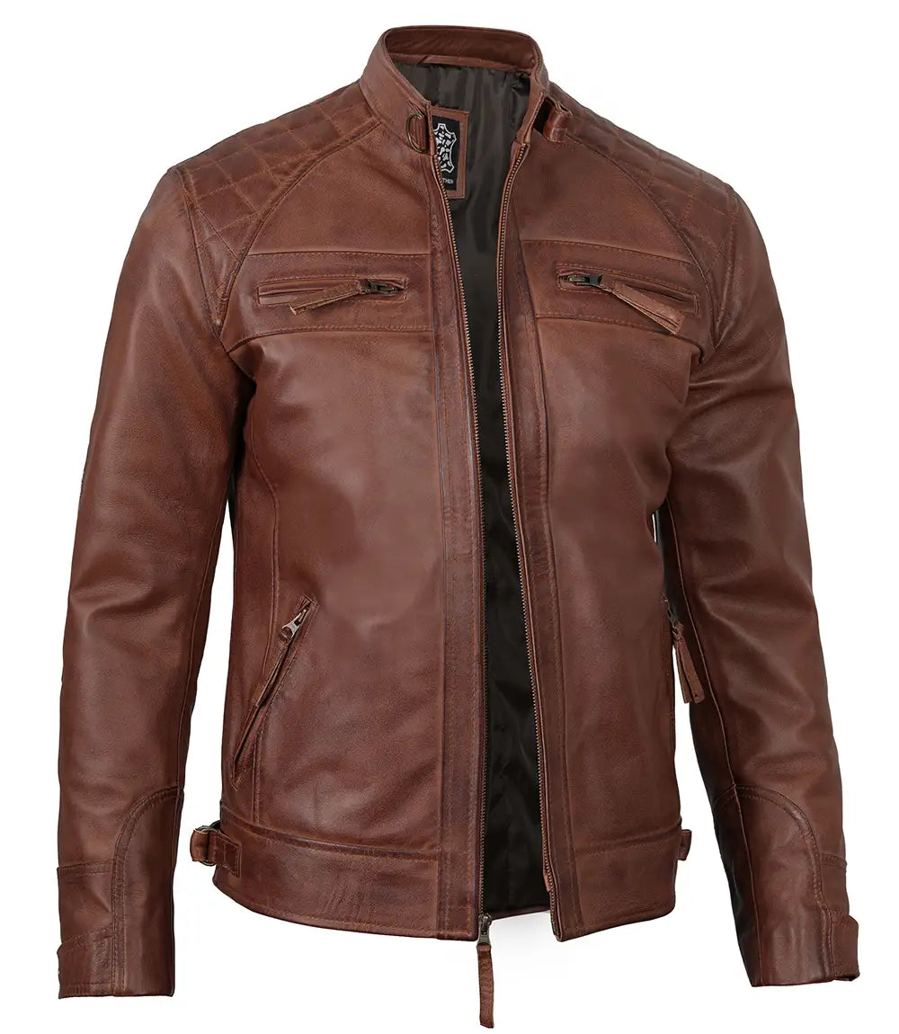 veste marron en cuir véritable pour homme café racer