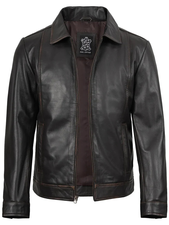 Veste de moto en cuir marron foncé pour homme