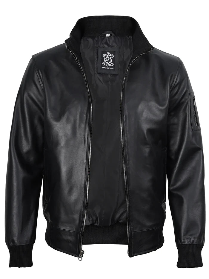 Blouson aviateur en cuir de vachette véritable noir pour homme