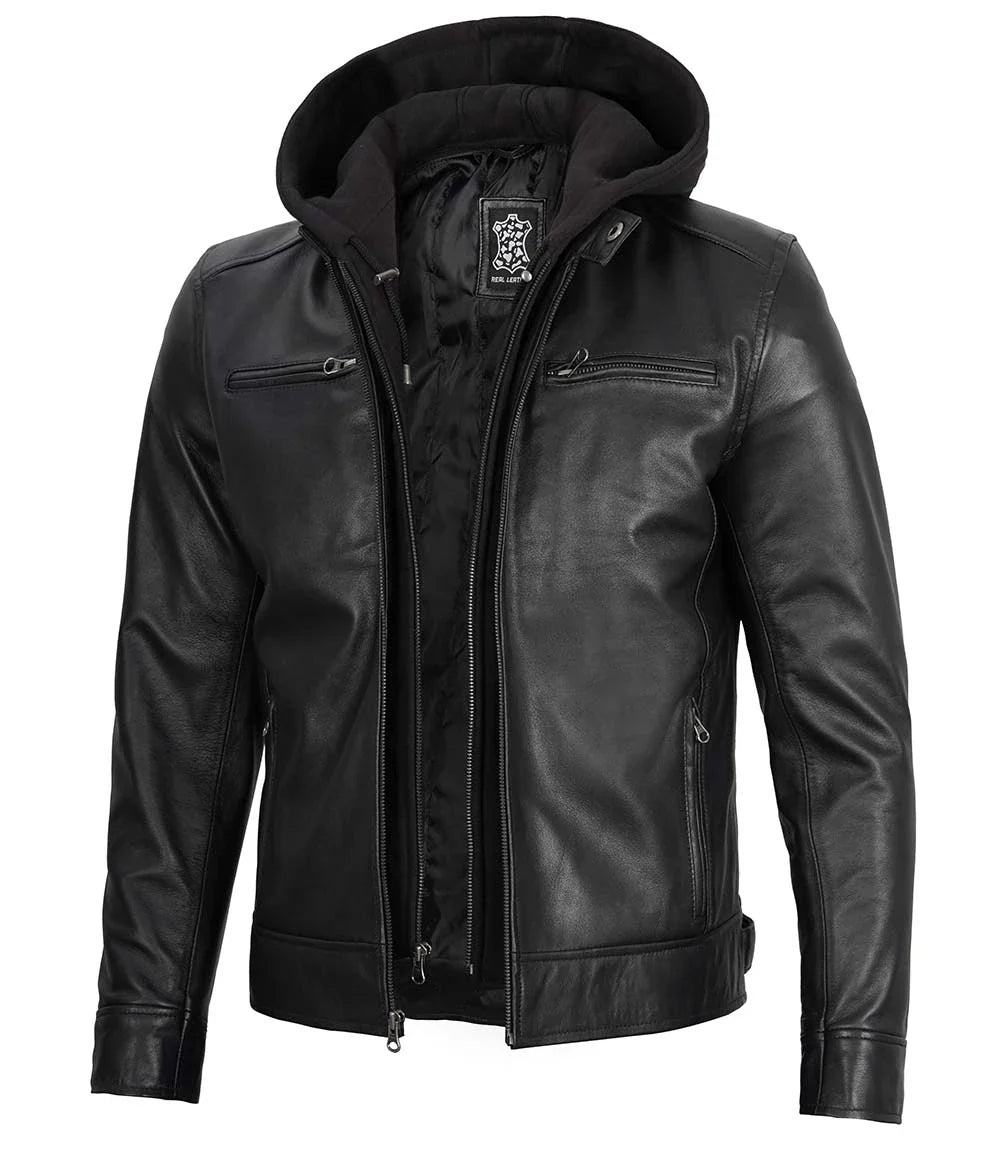 Leatherick Veste De Motard En Cuir Noir Pour Homme - Cuir D'Agneau Souple, Fermeture Éclair & Poches Multiples