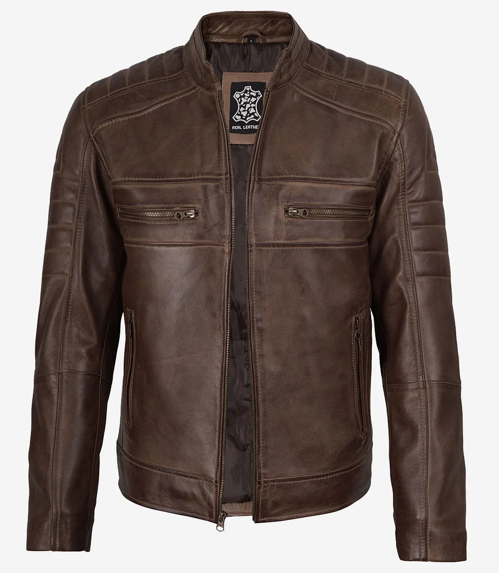 veste de motard en cuir marron pour homme
