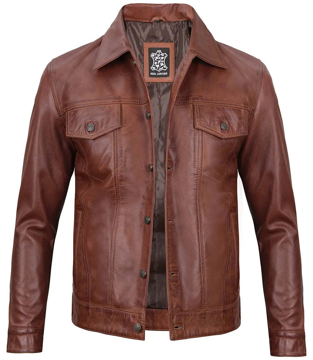 veste en cuir marron cognac pour homme