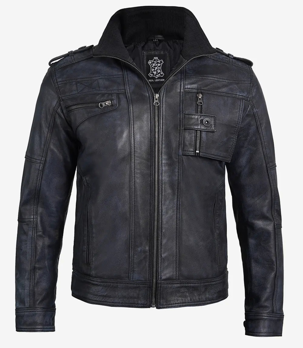 veste en cuir noir vieilli pour homme