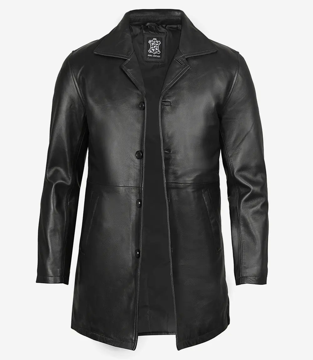 Manteau de voiture en cuir noir 3/4 de longueur pour hommes