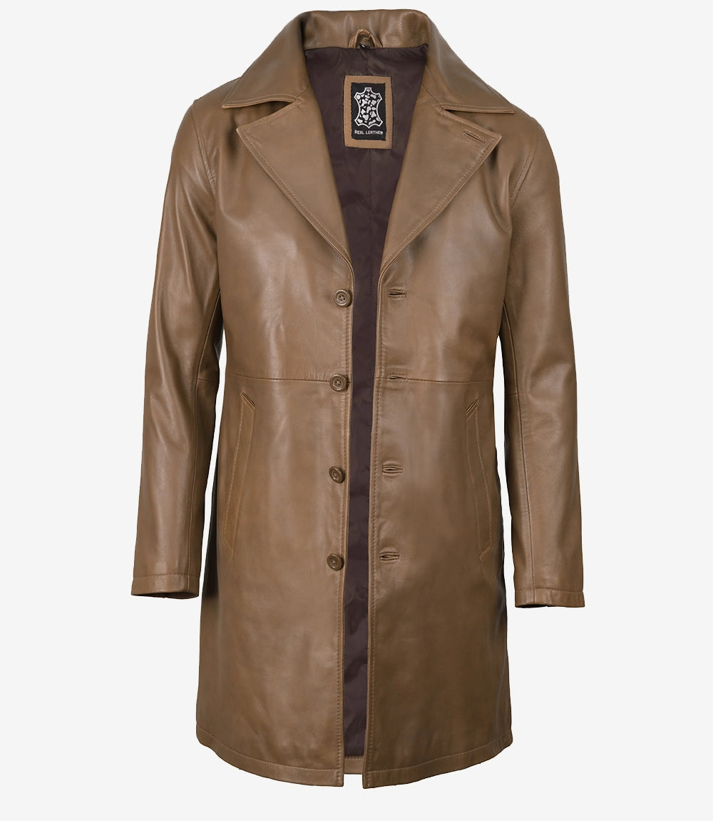 Men's brown leather mid-length coat