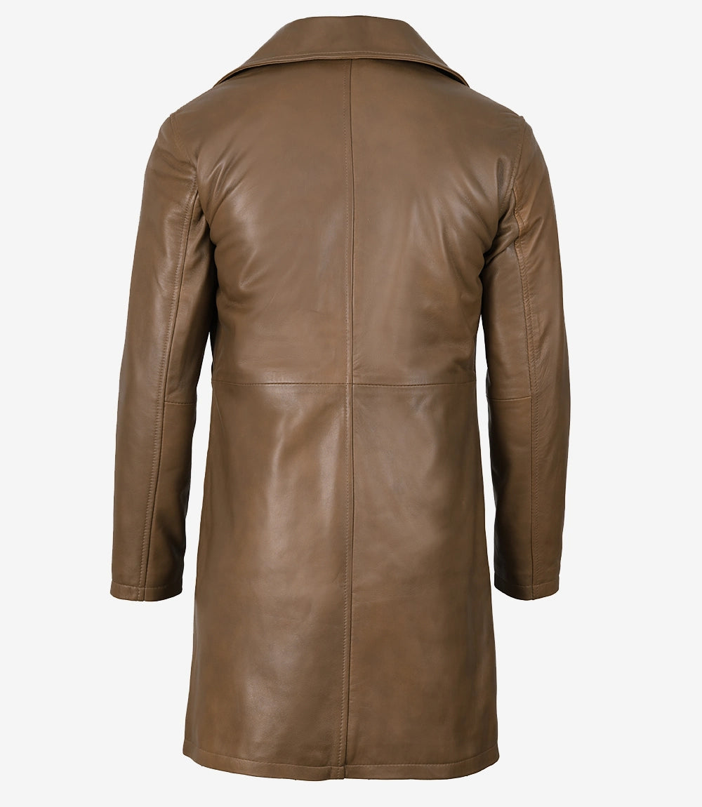Men's brown leather mid-length coat