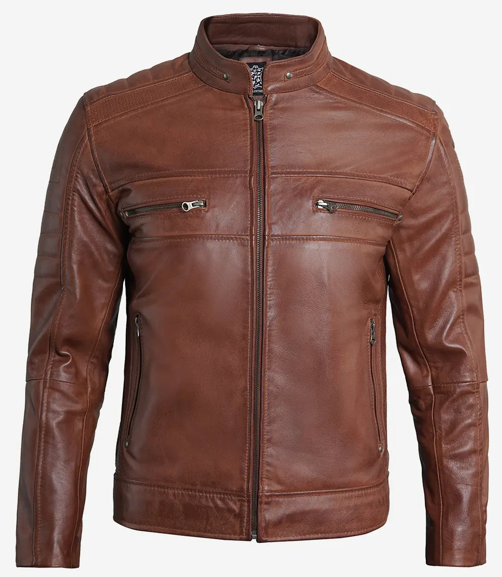 Austin Men's Cognac Cafe Racer Leather Jacket