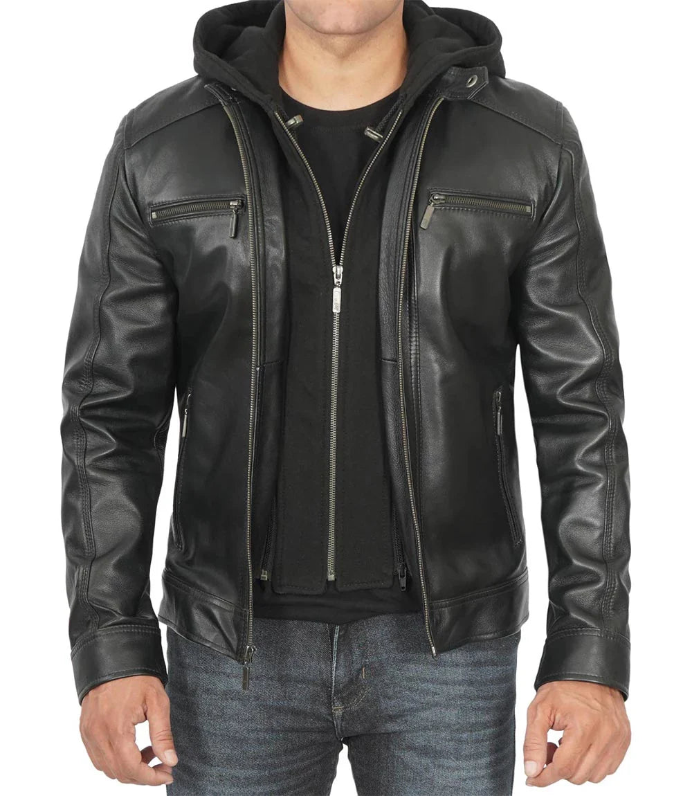 veste en cuir noir pour homme en cuir d'agneau véritable avec capuche