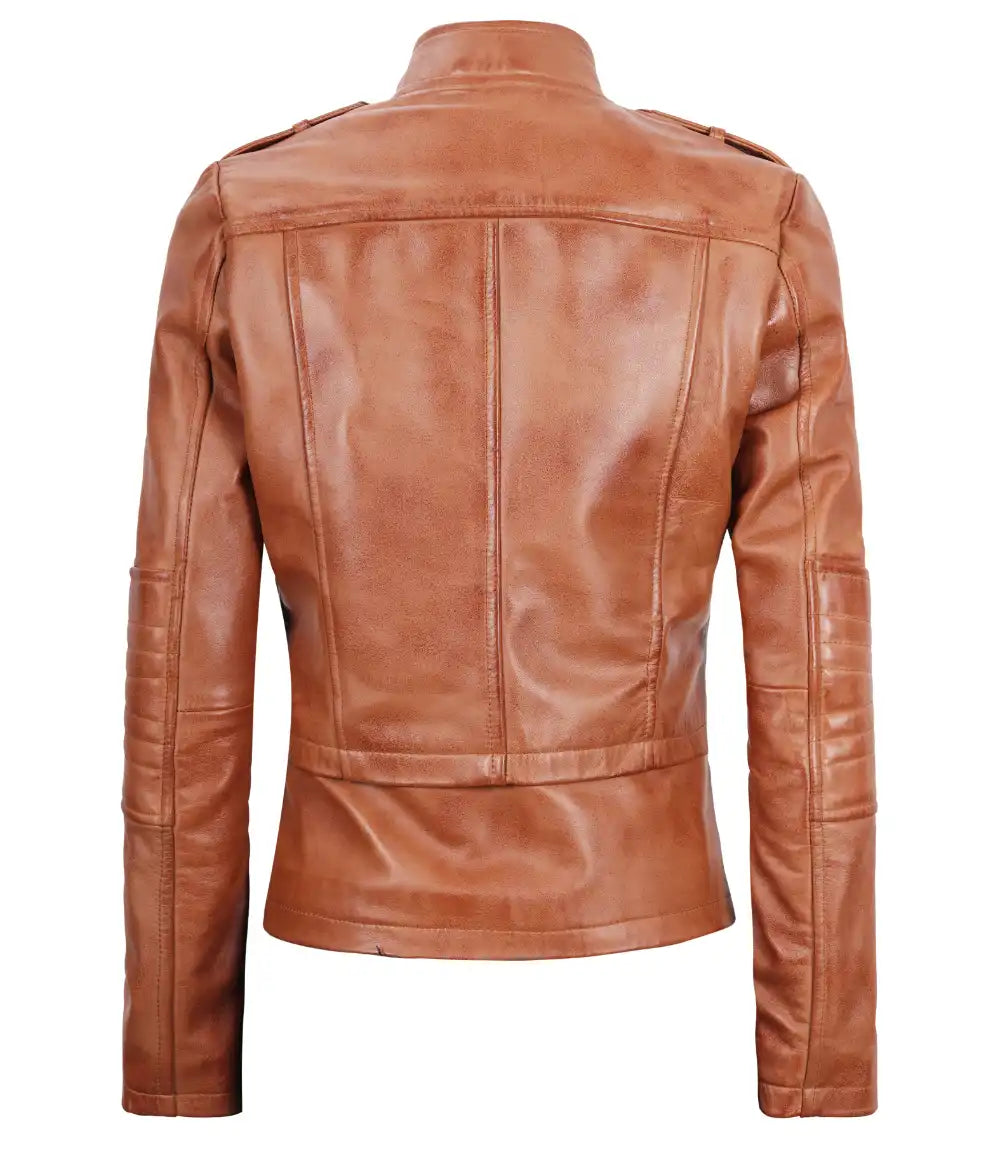 veste femme en cuir de motard beige