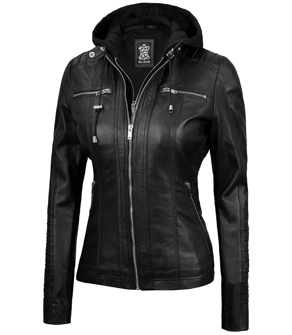 Veste en cuir à capuche pour femme