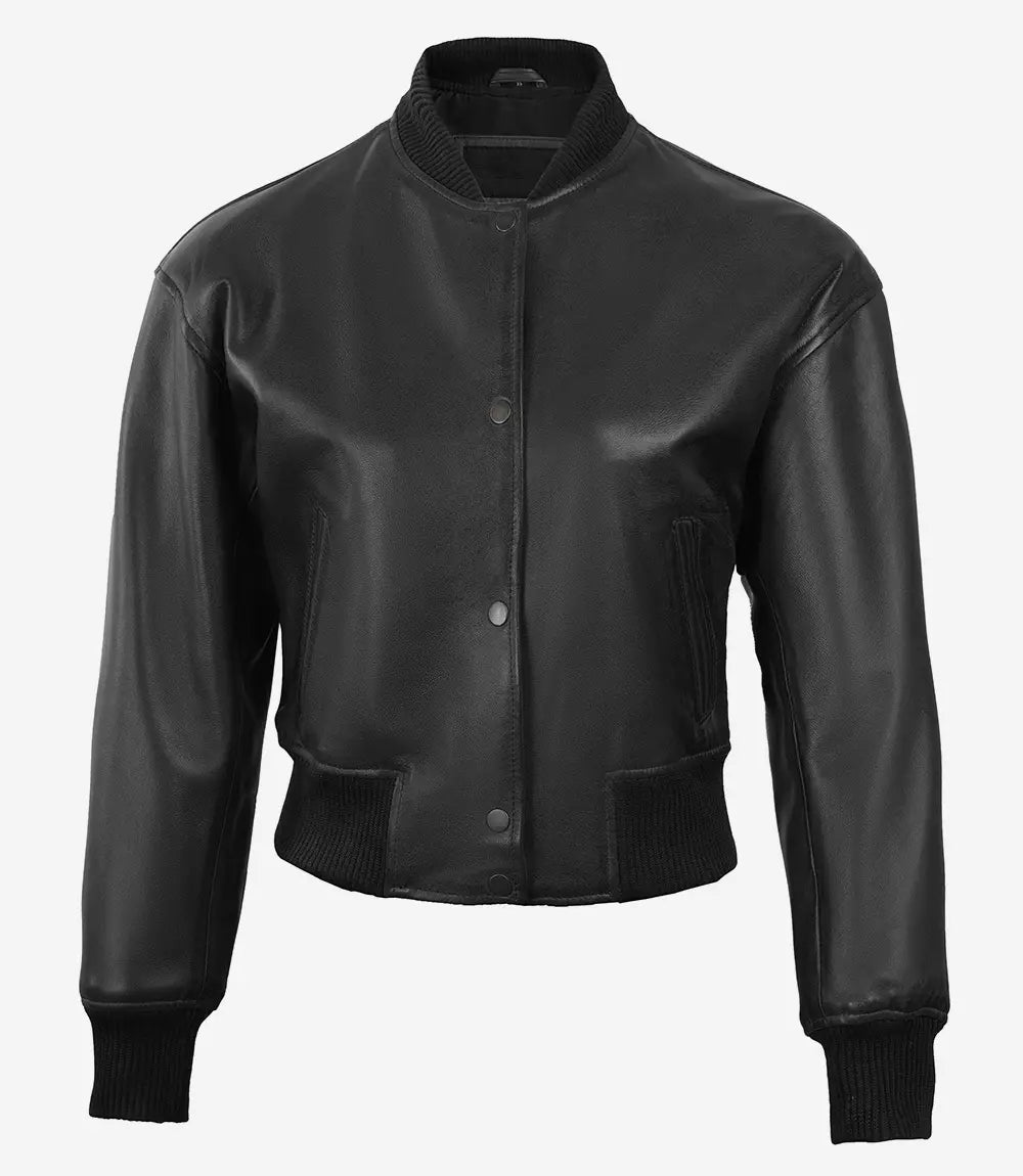 Blouson aviateur court en cuir noir à boutons-pression pour femme Julee