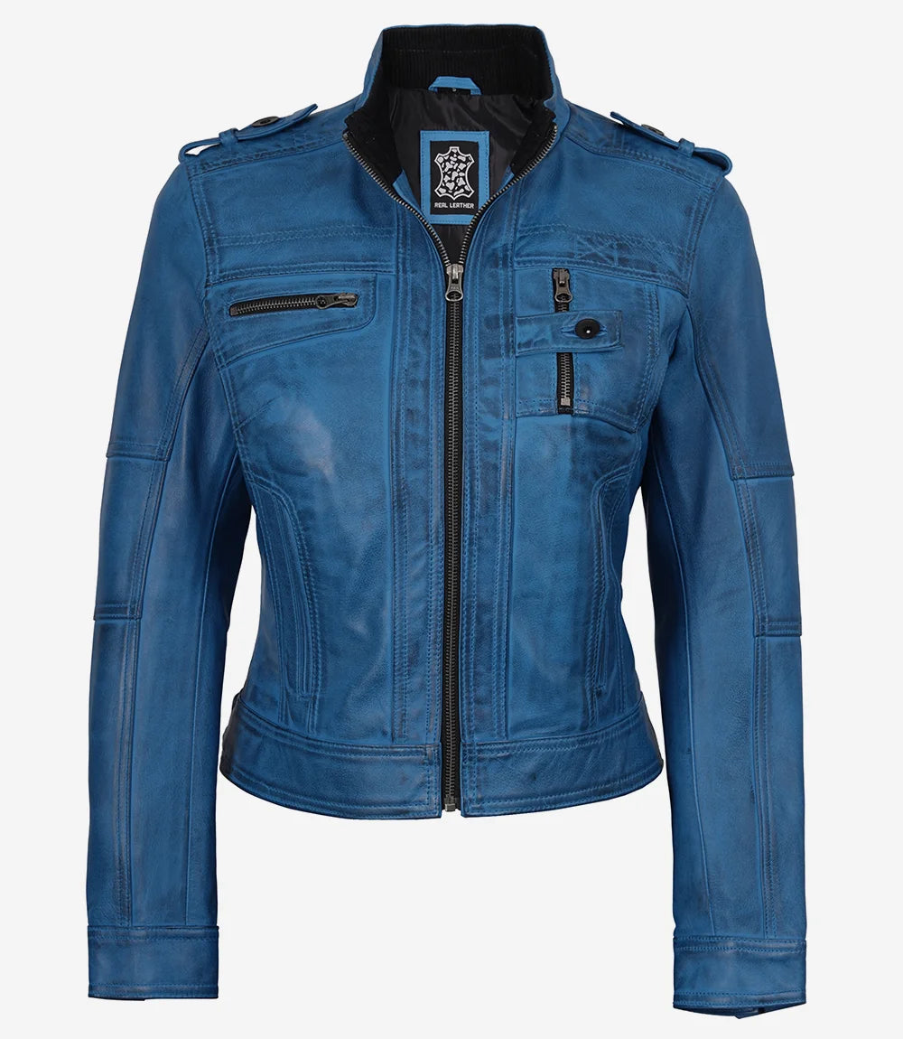 Tavares Veste motard en cuir bleu vieilli pour femme