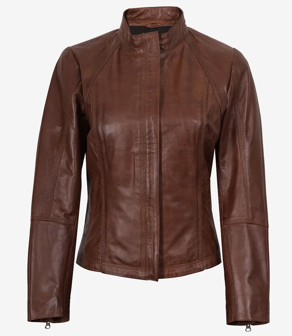 Veste de motard en cuir marron pour femme