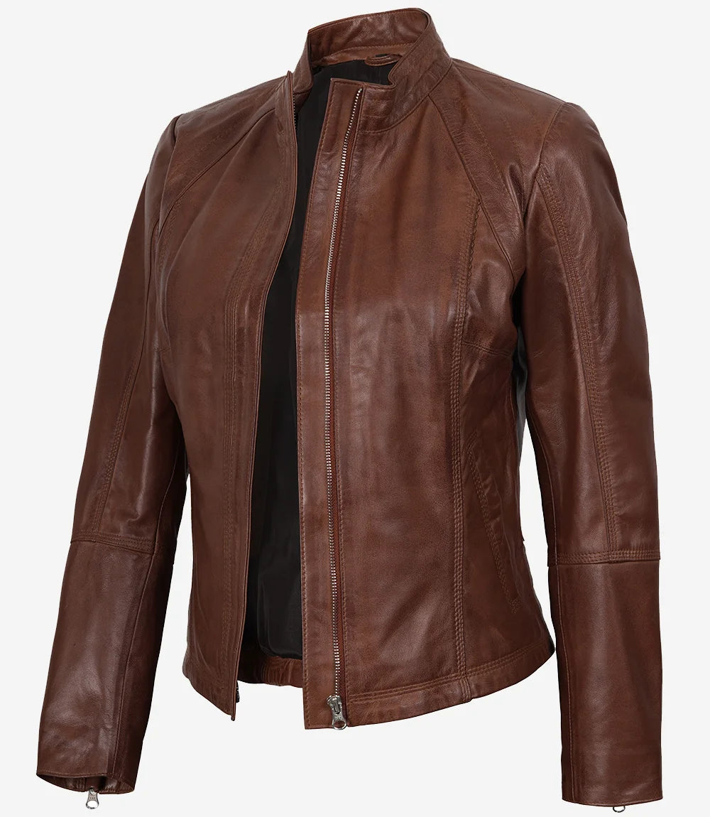 veste en cuir marron cognac pour femme