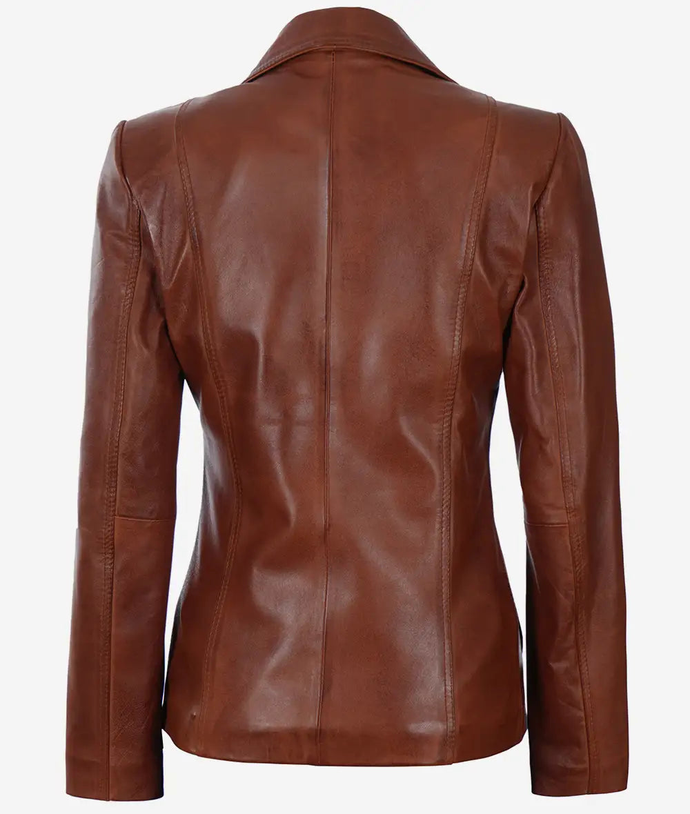 Blazer en cuir véritable cognac pour femme