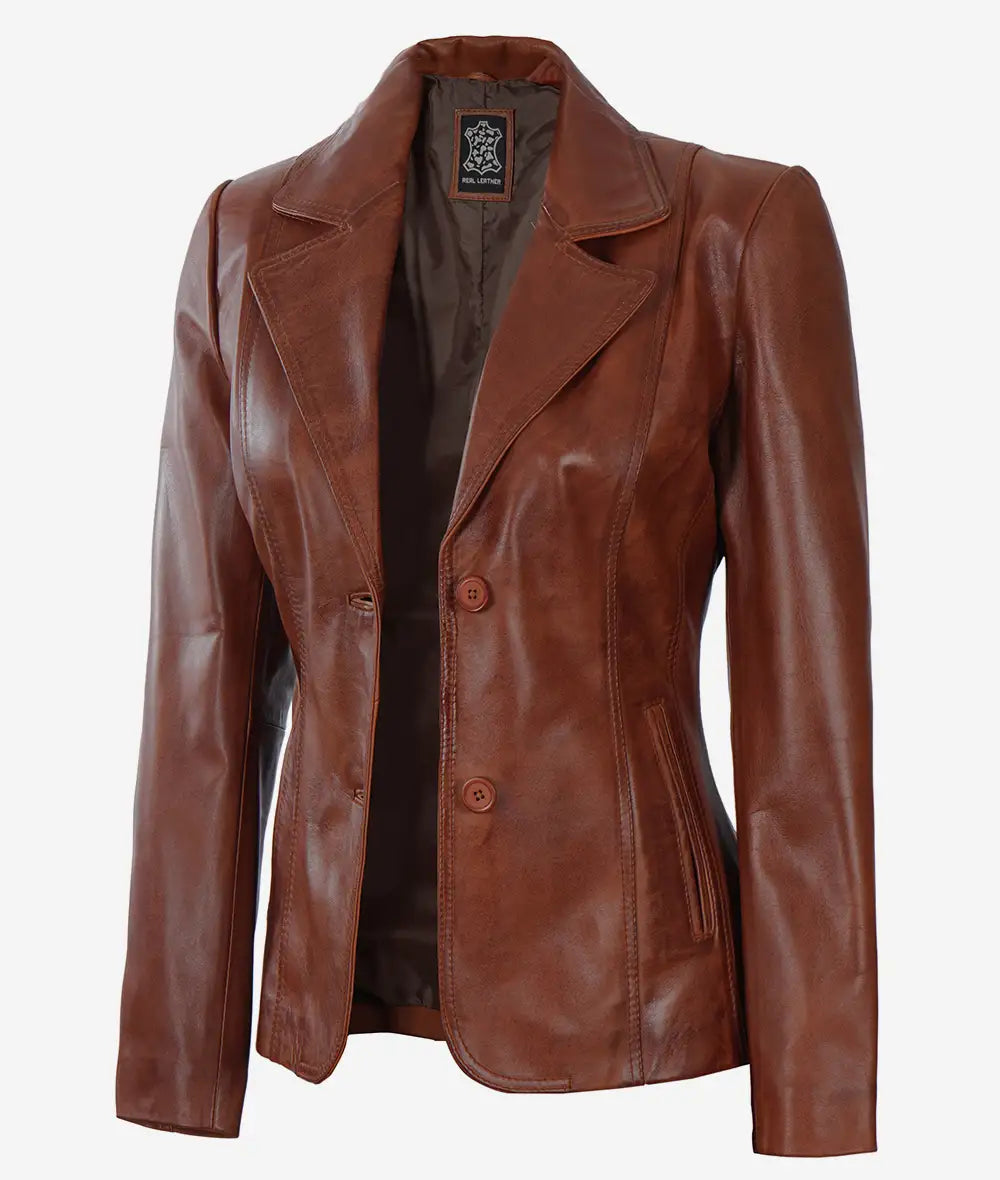 Blazer en cuir cognac pour femme