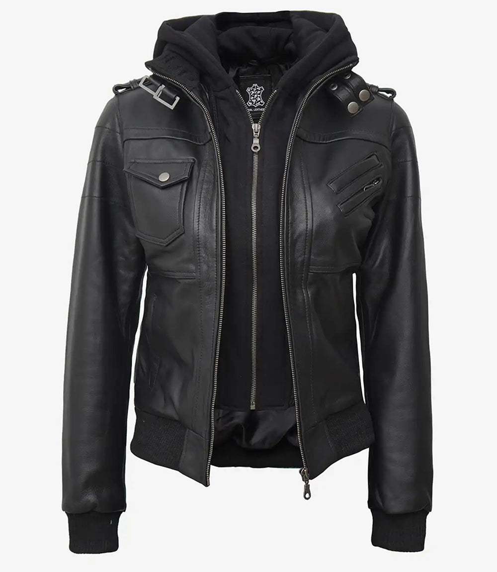 Blouson aviateur en cuir noir pour femme Edinburgh avec capuche amovible