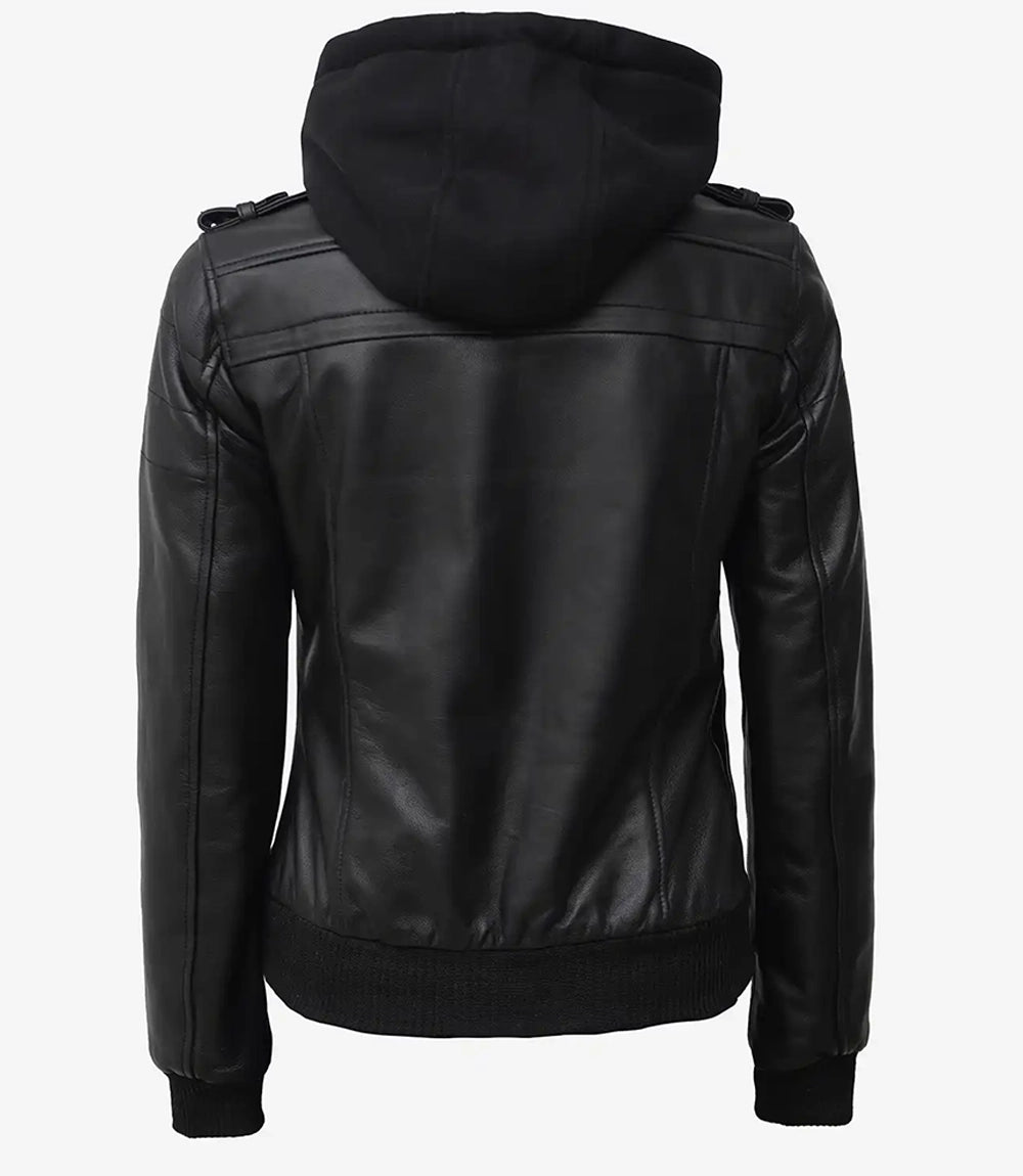 Blouson aviateur en cuir noir pour femme Edinburgh avec capuche amovible