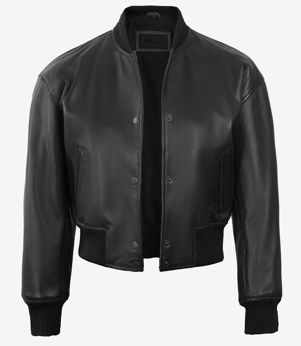 Blouson aviateur court en cuir noir à boutons-pression pour femme Julee