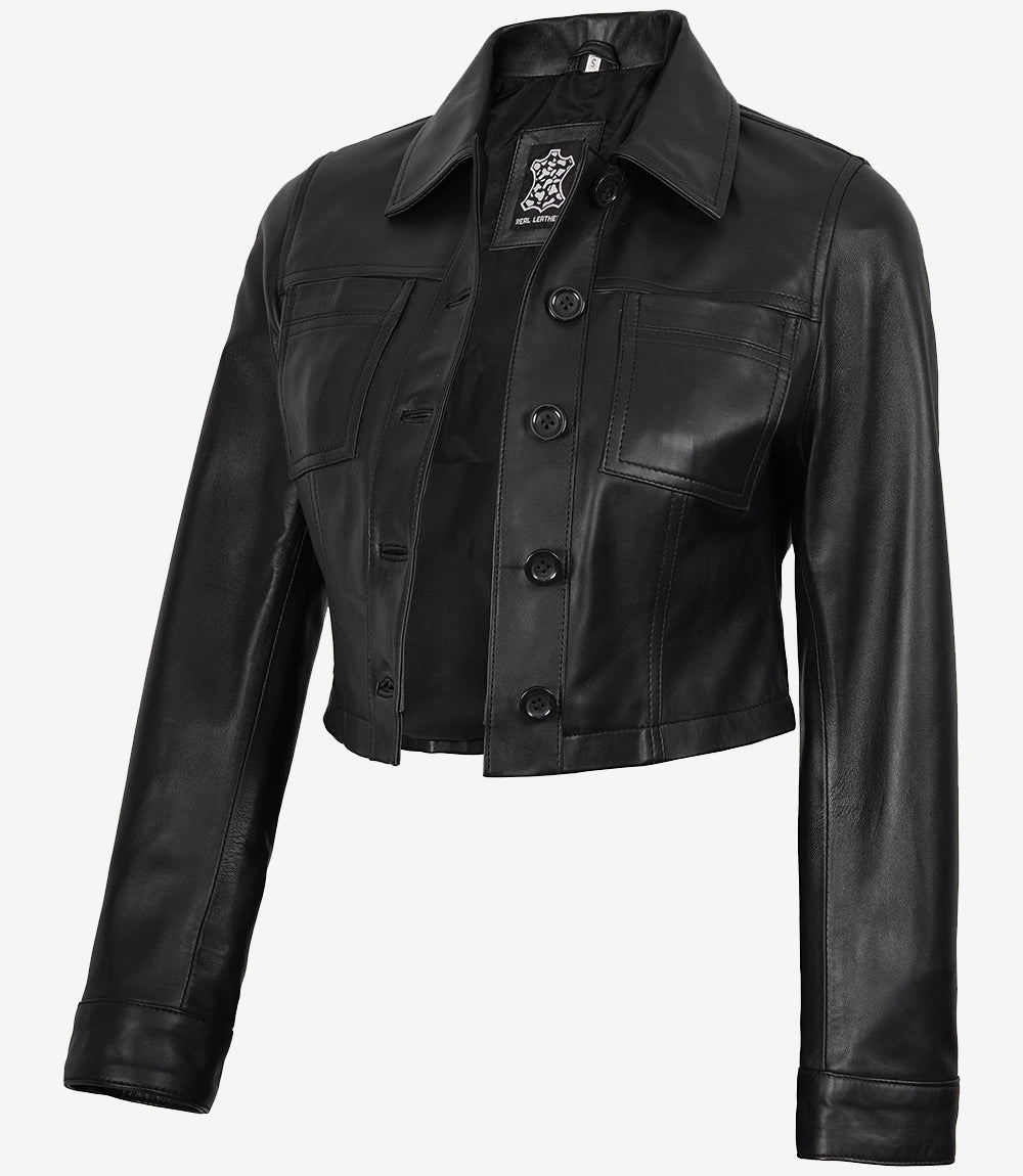 Veste courte en cuir Harrington noire pour femme Mable