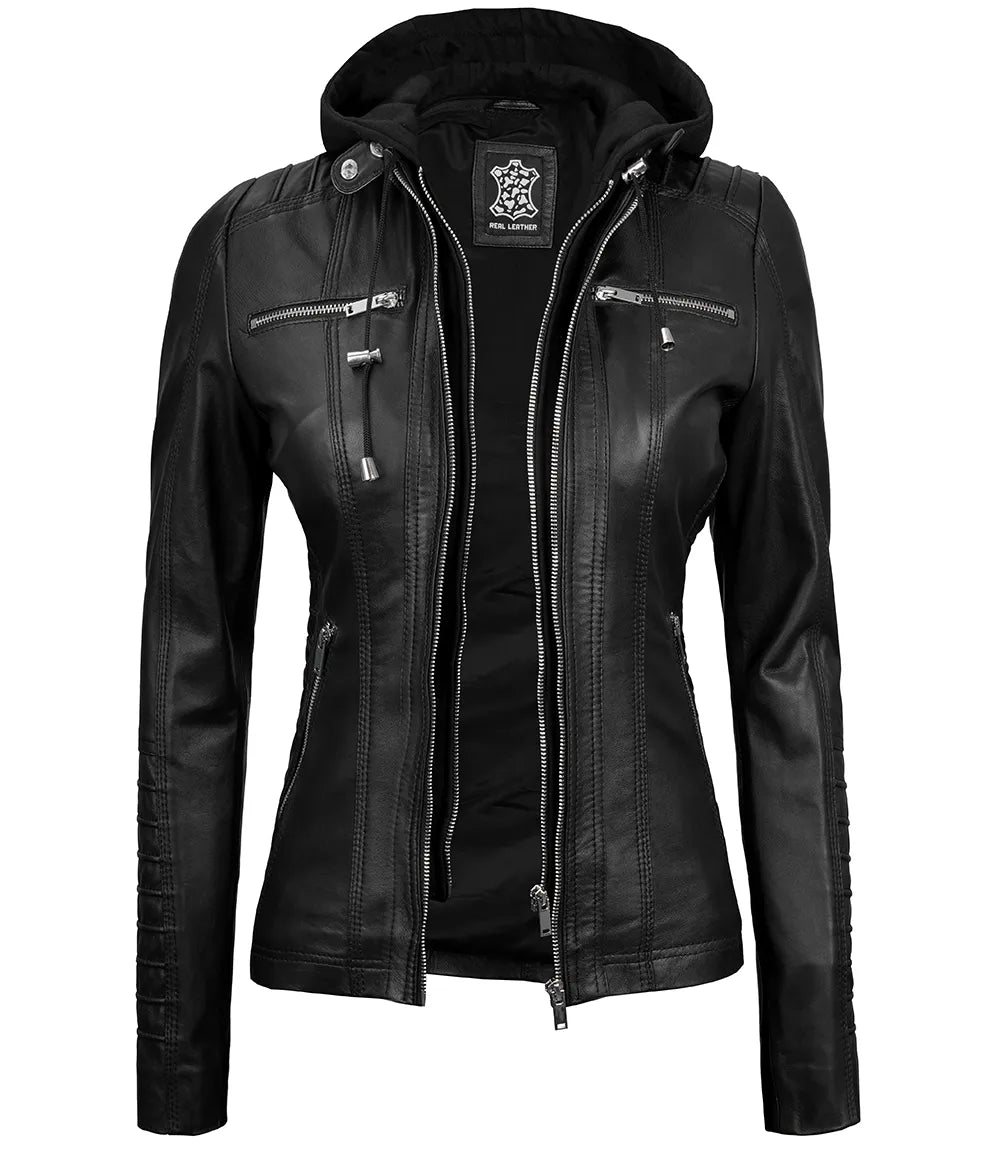 Blouson cuir noir femme avec capuche