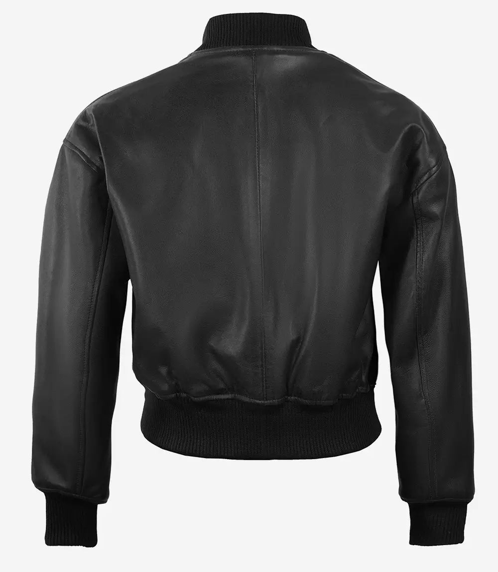 Blouson aviateur court en cuir noir à boutons-pression pour femme Julee