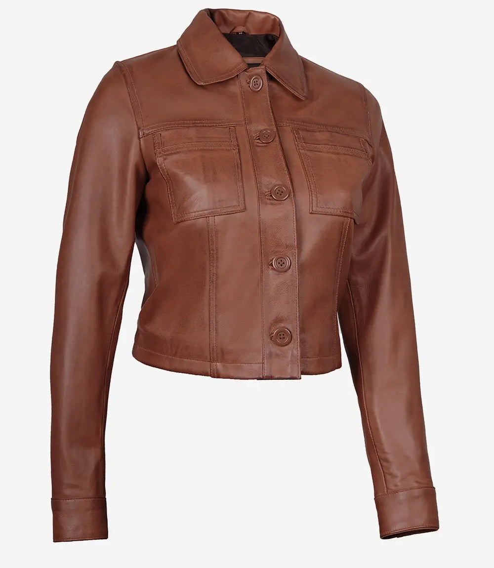 Veste Harrington courte en cuir marron cognac pour femme de Mable