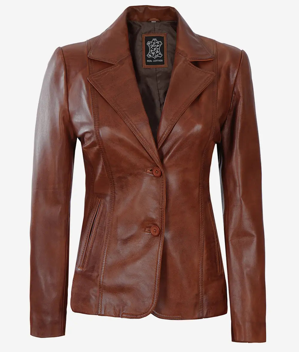 Blazer en cuir cognac pour femme