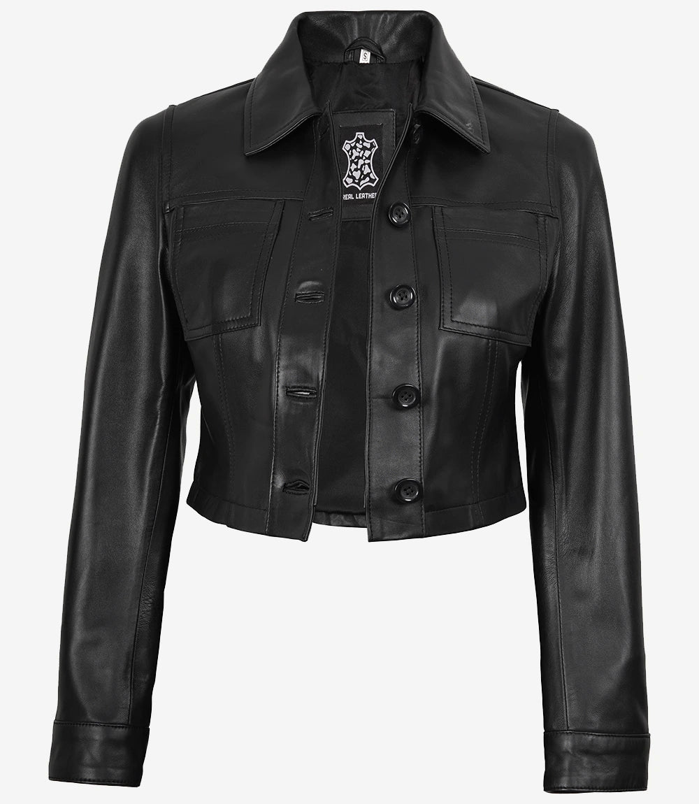 Veste courte en cuir Harrington noire pour femme Mable