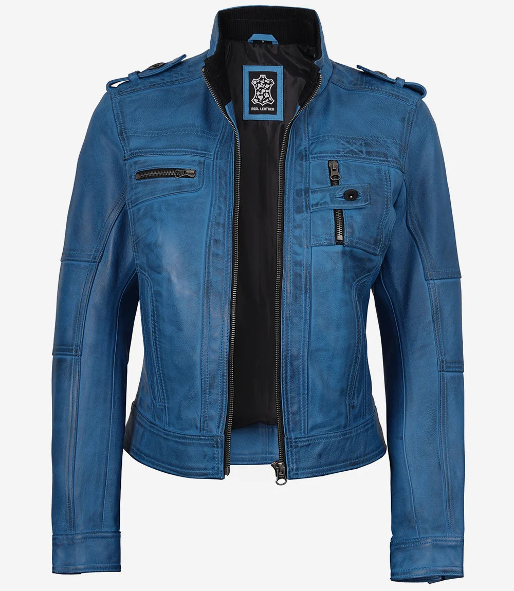 Tavares Veste motard en cuir bleu vieilli pour femme