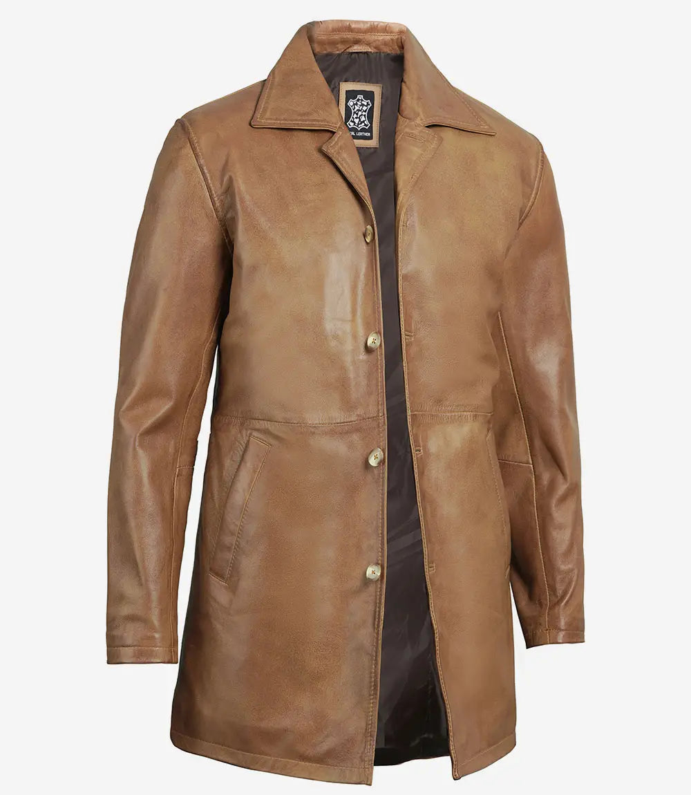 manteau en cuir marron ciré jaune