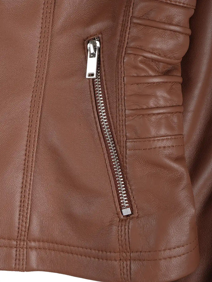 Veste en cuir Cognac Cafe Racer pour femme avec capuche amovible