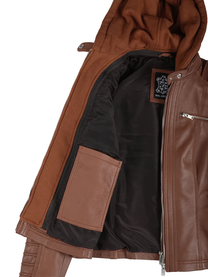 Veste en cuir Cognac Cafe Racer pour femme avec capuche amovible