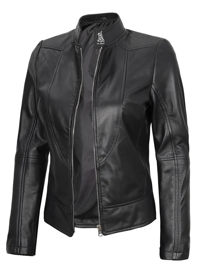Amy Veste en cuir noire Cafe Racer pour femme
