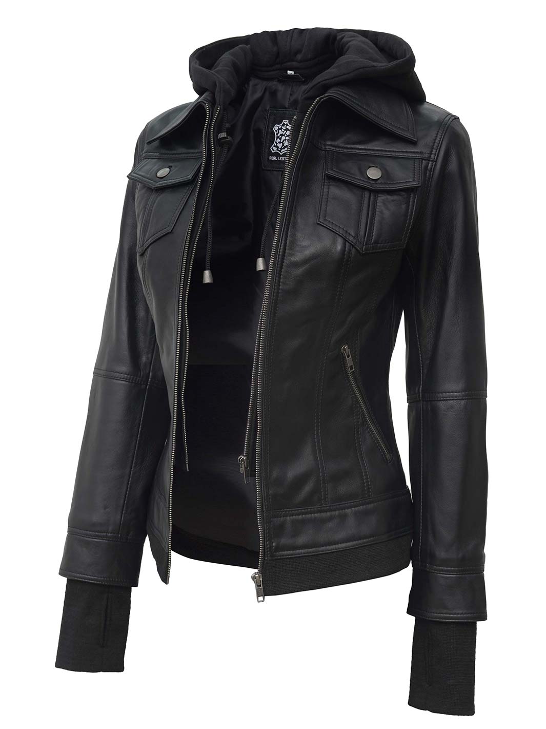 veste en cuir marron pour femme avec capuche