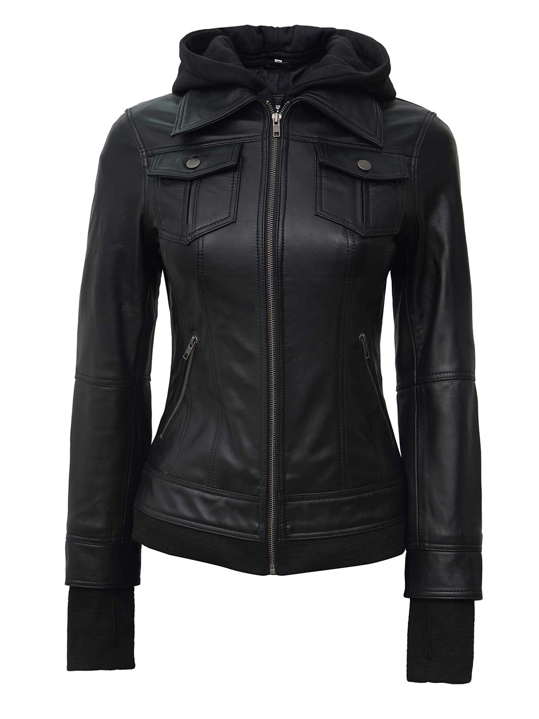 veste en cuir véritable avec capuche femme