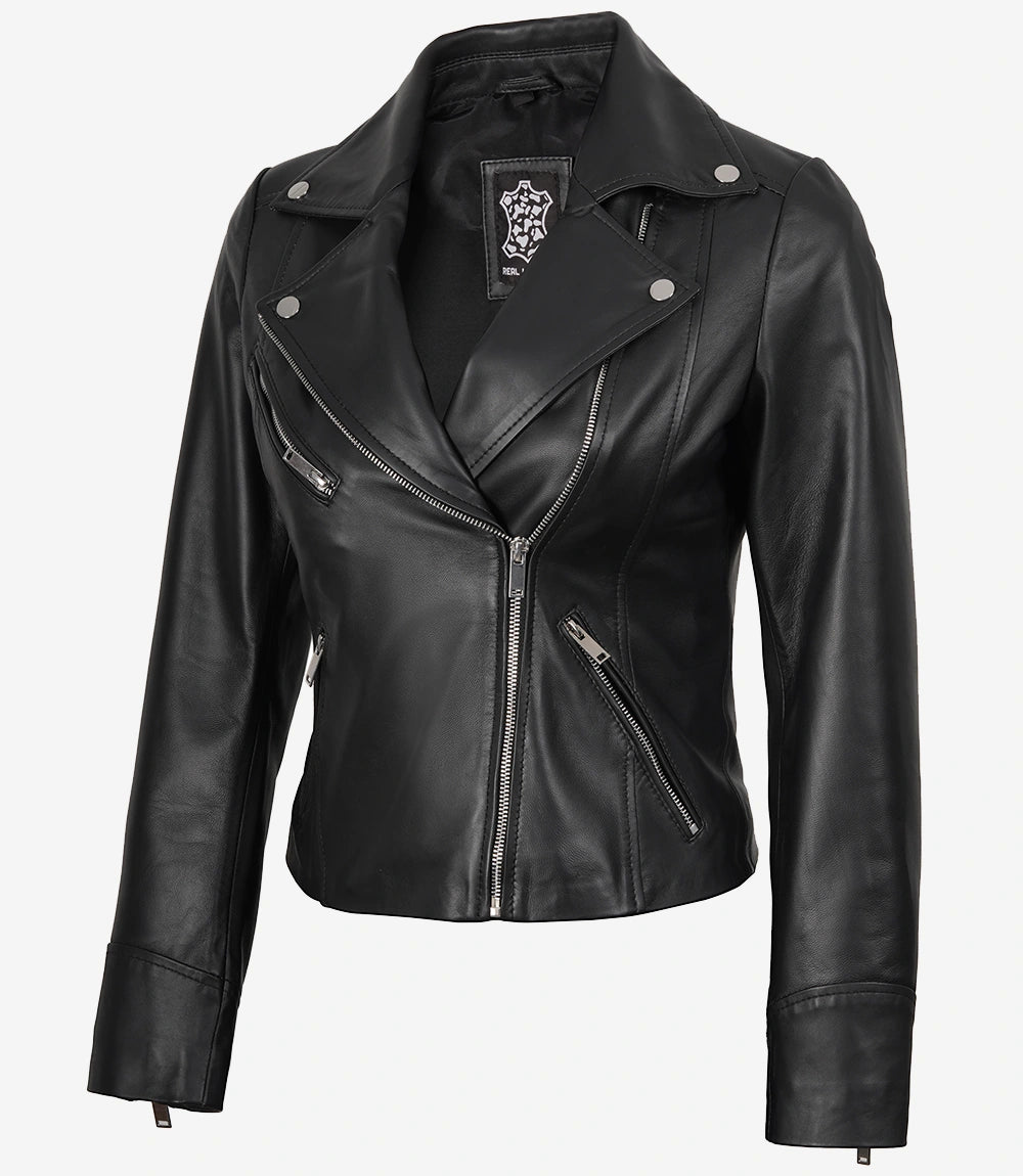 Biker Asymétrique Noir Blouson En Cuir Femme